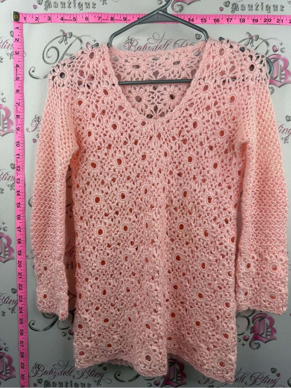 Knit sweater pink peach Crochet V-Neck Openwork Sweater - Pink